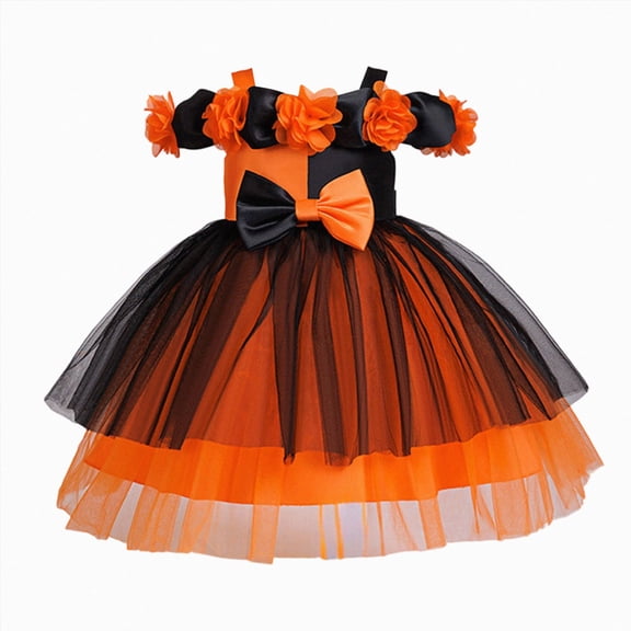 xaweyi Toddler Girls Off Shoulder Halloween Tulle Dress, Floral Decor Color Block Tutu Costume Dress With Big Bow