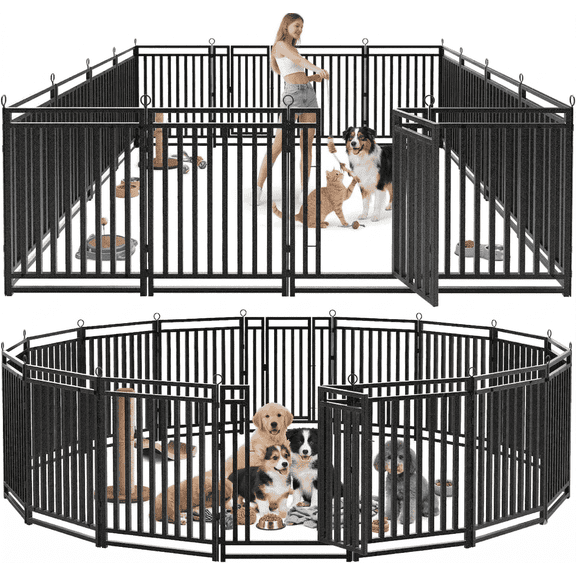 Petorldog 40" Metal Dog Playpen, 16 Panels Portable Fence for Indoor & Outdoor Use (Black-Silver)