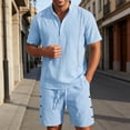 thumbnail image 3 of Short Sets for Men Summer Cotton Linen Relaxed Fit Short Sleeve Stand Collar T Shirt and Shorts 2 Piece Matching Set, 3 of 5