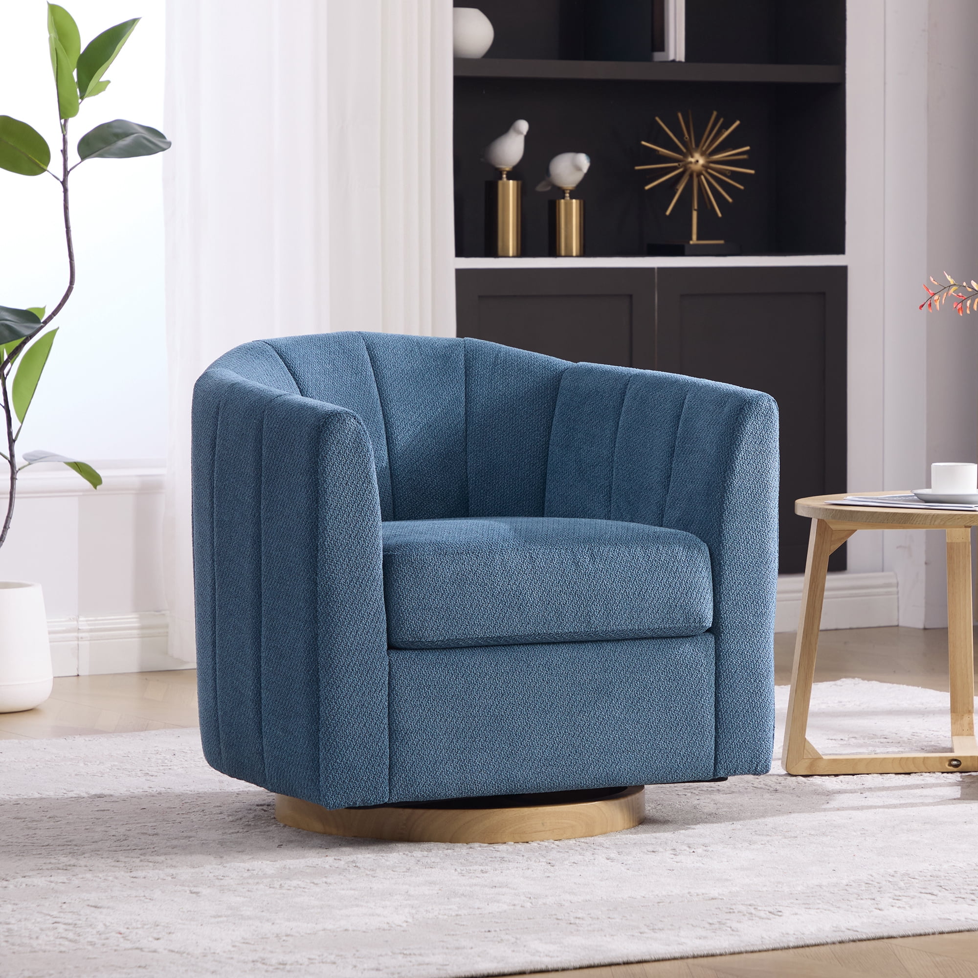 Leumius Swivel Barrel Chair with Solid Wood Base, Comfy Channel Tufted Accent Round Armchair, Single Club Sofa for Living Room Bedroom Reading Nook Corner Apartment, Blue