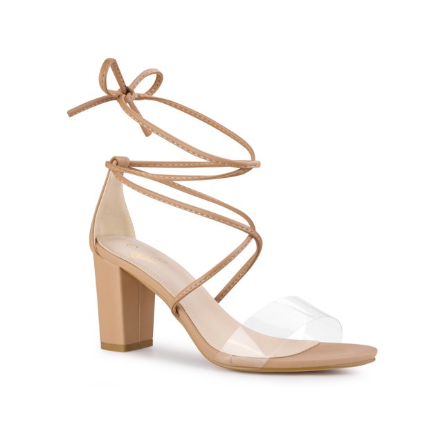 BLISSFUL STEP Women Lace Up Clear Strap Block Heels Sandals Nude 9