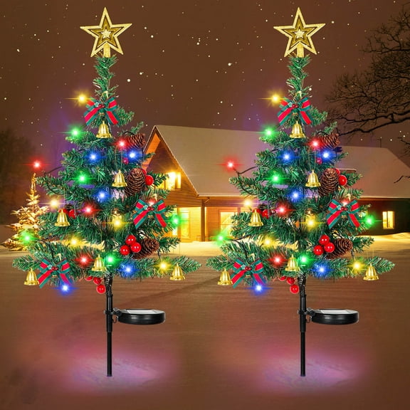 DAMAI 2 Pcs 54" Solar Christmas Trees Lights Outdoor Decoration Waterproof, 2026 New Durable Solar Powered Christmas Tree with Bells berries bows, Prelit Xmas Trees for Yard, Lawn, Pathway, Garden