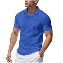 RYRJJ Mens Waffle Knit Polo Shirts Collared V Neck Short Sleeve Stretch T Shirt Summer Casual Golf Shirts(Blue,M)