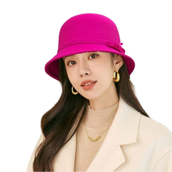 Womens Winter Cloche Cap 1920s Vintage Church Dress Wool Felt Bucket Hats with Flowers Formal Elegant Hats Hot Pink Free Size