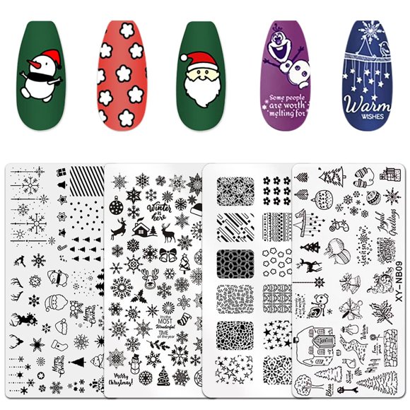 4 Piezas Placas de Estampado de Uñas de Navidad Placas de Arte de Uñas de Navidad Santa Reno Árbol Muñeco de Nieve Copo de Nieve Placa de Invierno Diseño de Arte de Uñas Kit de Sello Plantilla de Mani