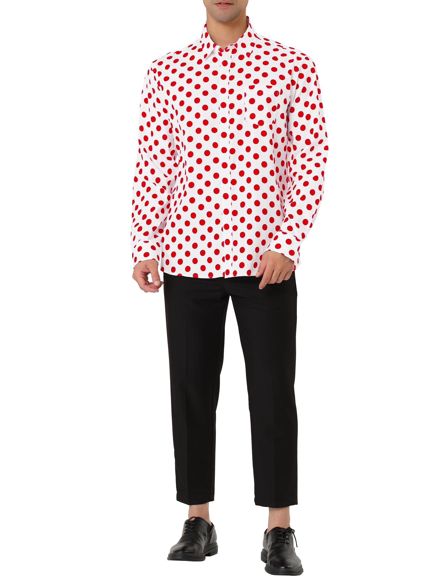 Unique Bargains Men's Long Sleeve Button Slim Polka Dots Shirt 46 Pink