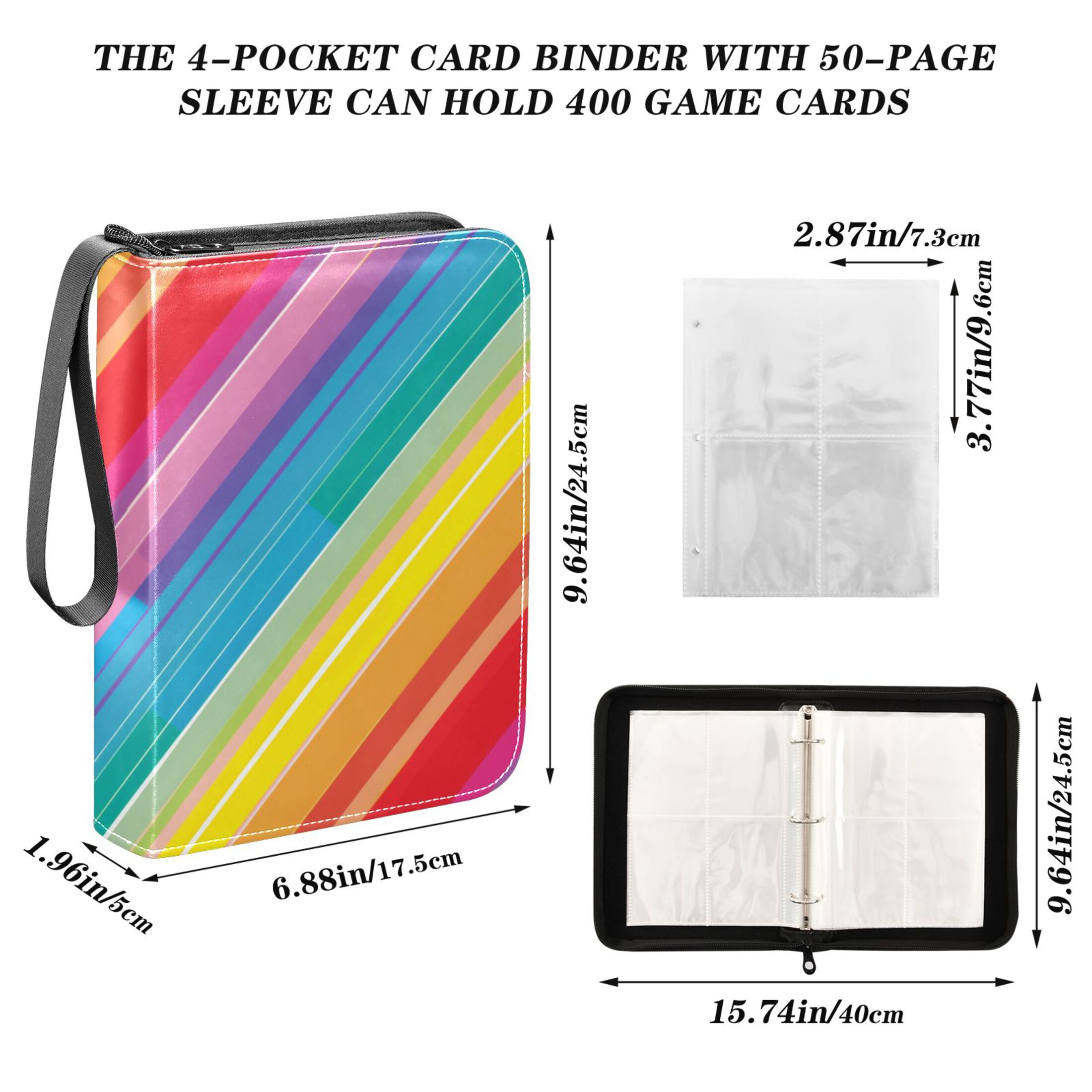 Trading Card Binder Album 400 Pockets 50 Removable 4-Pocket Pages Waterproof Rainbow Lines