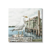 Coastal Seagull Perched Dock Marina Animals & Insects Painting Gallery Wrapped Canvas Print Wall Art