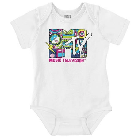 

Retro MTV Music Lightning Bolt Logo Romper Boys or Girls Infant Baby Brisco Brands 18M