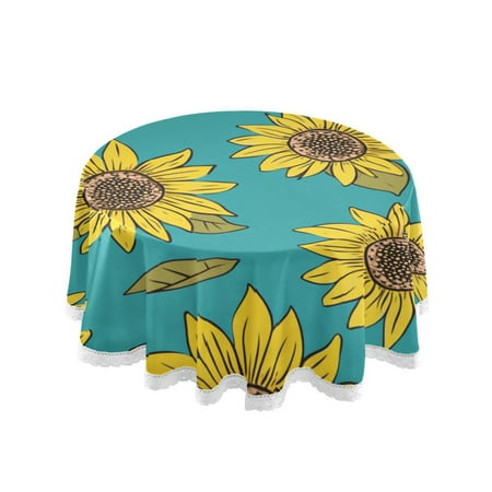 

60 Round Tablecloth with White Lace Trim Wrinkle & Heat-Resistant Table Cover for Dining and Home Decor Yellow Sunflowers Pattern