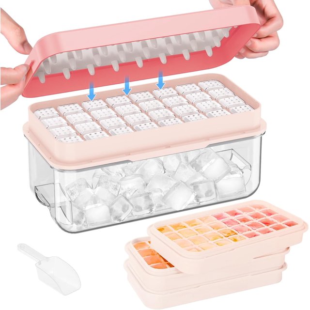 PHINOX Bandeja para Cubitos de Hielo con Tapa y Contenedor, Bandejas para Congelador, Bandejas para Cubitos de Hielo Flexibles, Fabricación de 64 Piezas de Cubitos de Hielo, Cócteles, Whisky, Café, co