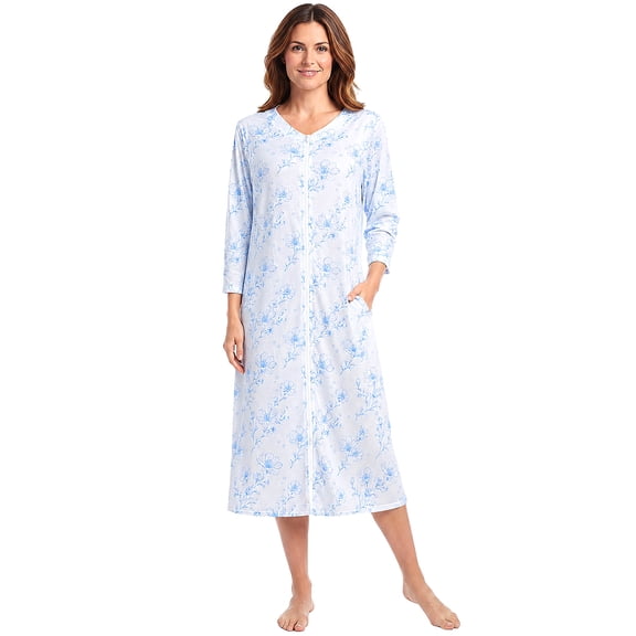 Robes for Women, AMITOFO Women's Floral Zip-Up Robe with Pockets, Lightweight Summer V-Neck 3/4 Sleeve Long Housecoat Bathrobe for Women, Light blue XL