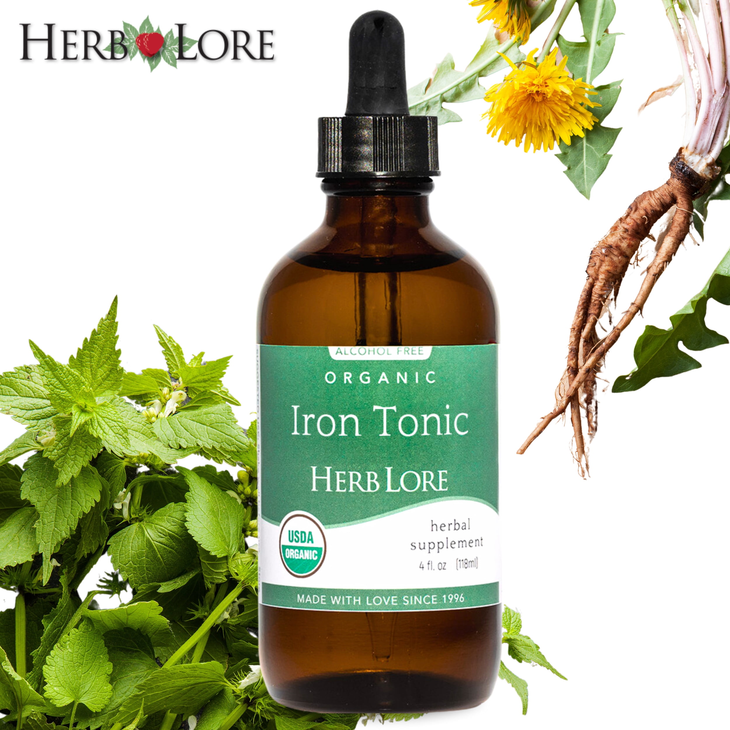 Herb Lore Organic Liquid Iron Tonic Tincture – Non-Constipating Iron Drops for Toddlers, Kids, and Women (4 fl oz)