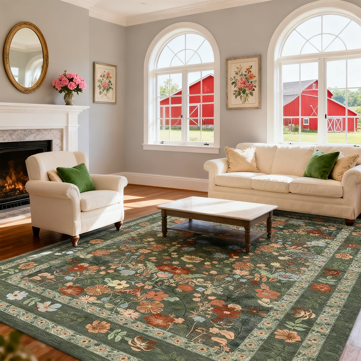 Washable Floral Rug 5'x7', Soft Low-Pile Area Rug, Bohemian Non-Slip Living Room Rug, Green Floral