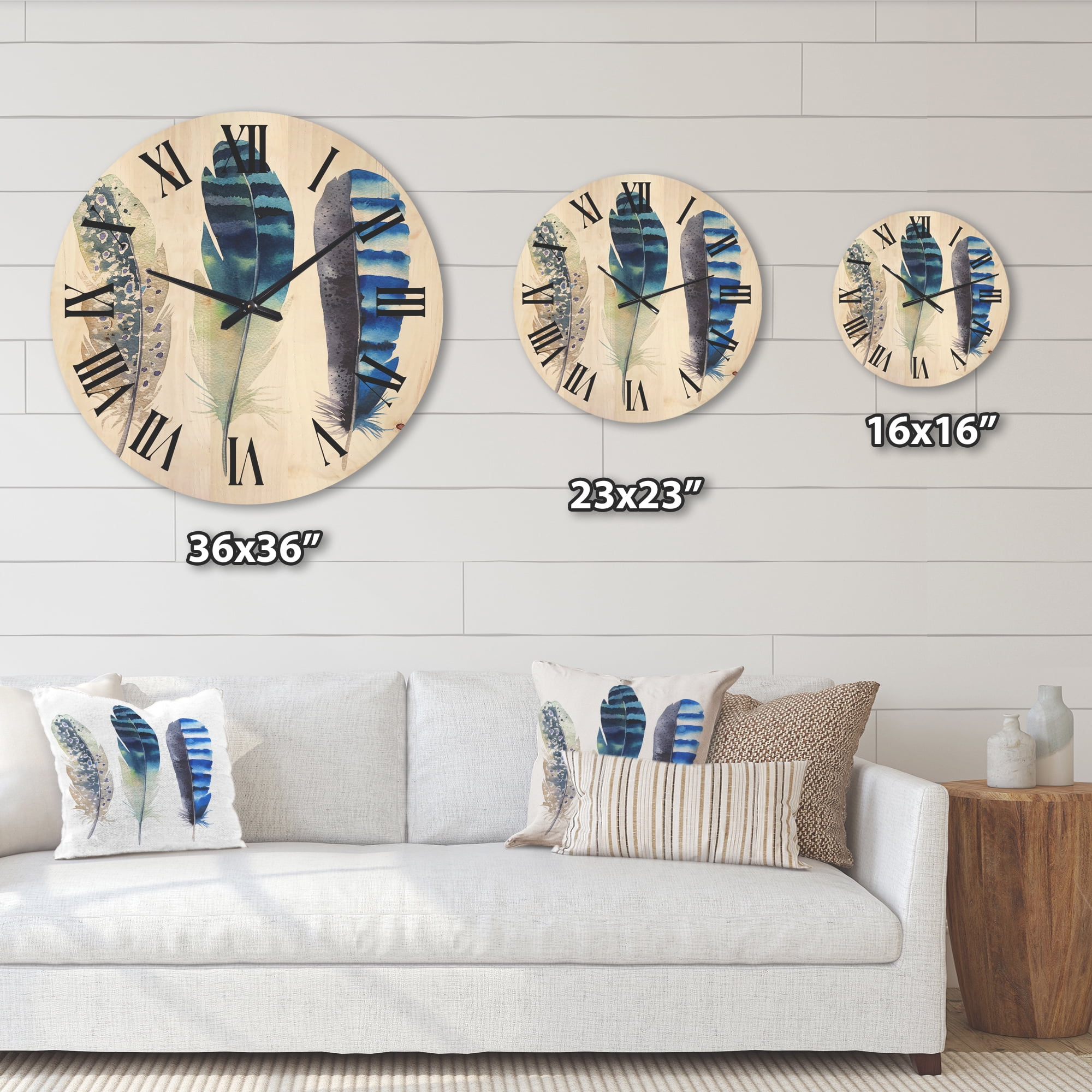 Designart 'Colourful Boho Art Feathers I' Bohemian & Eclectic Wood Wall Clock