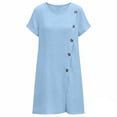 thumbnail image 3 of Vivianyo HD Women's Round Neck Mini Dress, Womens Casual Dress with Diagonal Side Button Short Sleeve Summer Dresses, Women's Sky Blue, Sizes S-2XL, 3 of 6