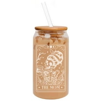 16oz Can Shaped Glass Iced Coffee Cup with Bamboo Lid and Straw Gift Tarot The Mom Skeleton Mother Funny