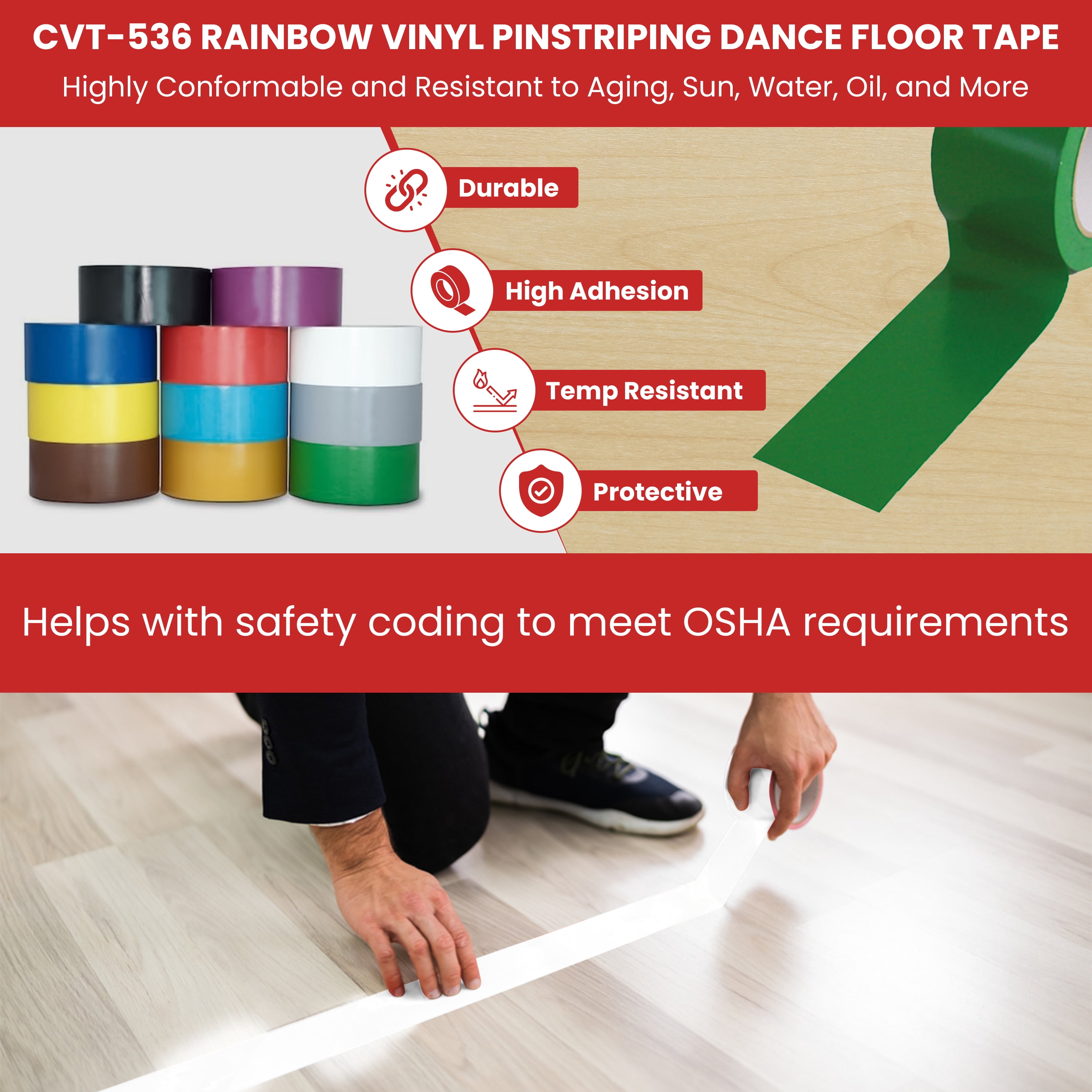 T.R.U. CVT-536 Rainbow Vinyl Pinstriping Dance Floor Tape: 1 in. wide x 36 yds. Several Colors