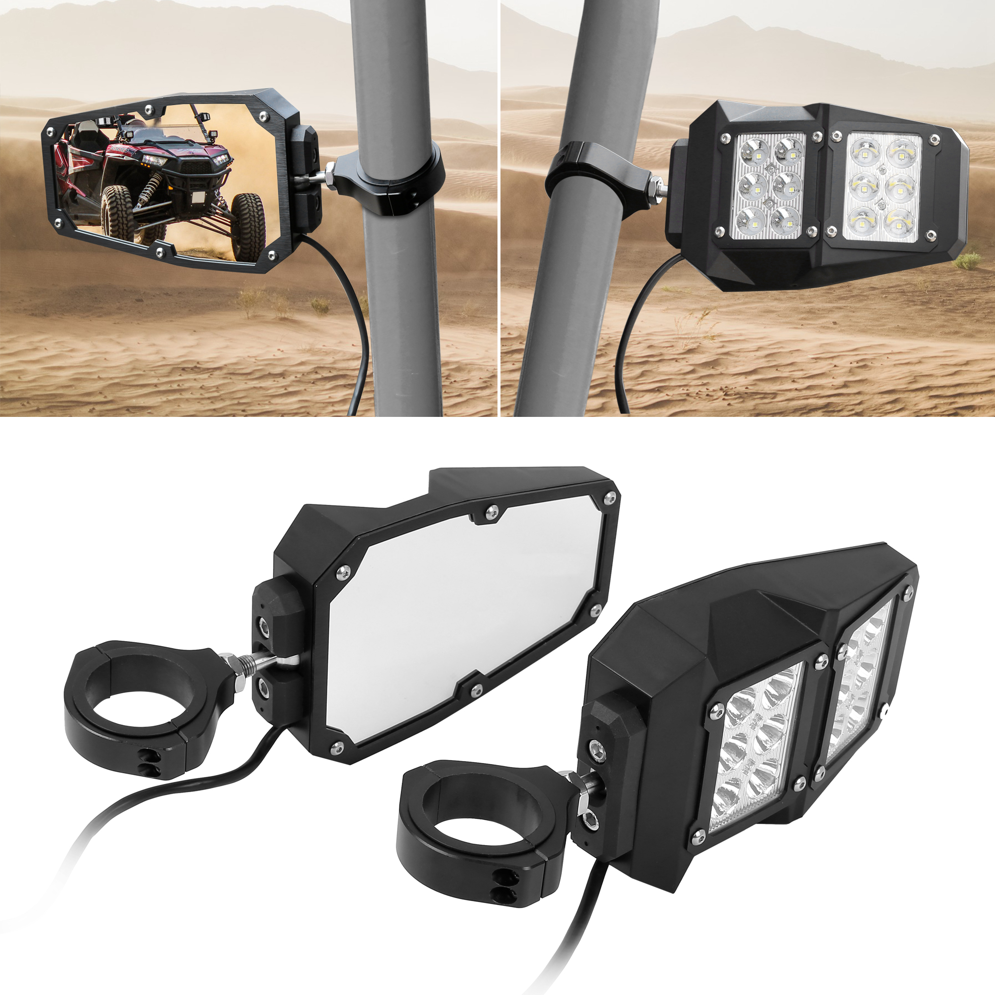 Unique Bargains 1.75" Round Roll Cage 6.3" UTV Rear View Mirror w Light Black for Yamaha