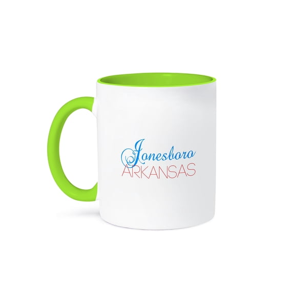 3drose, Jonesboro, Arkansas Blue, Red Text on White. Elegant Décor, 15oz Two-tone Green Mug