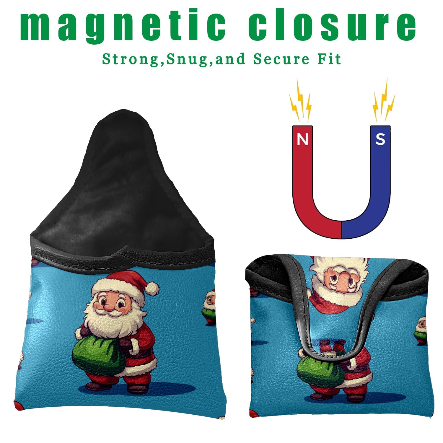 Golf Mallet Putter Cover Premium Leather Waterproof Golf Putter Head Cover with Magnetic Closure Santa Claus