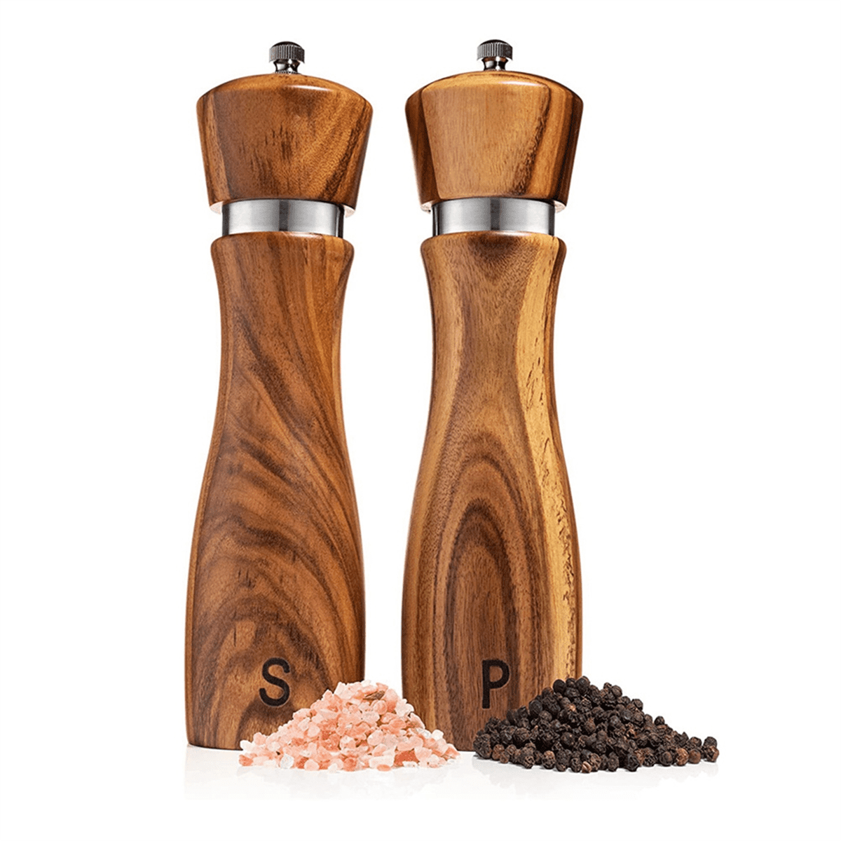 Wooden Salt and Pepper Grinder Set Pepper Grinder Manual,Adjustable Coarseness,with Salt&Pepper Mill Tray,Spoon
