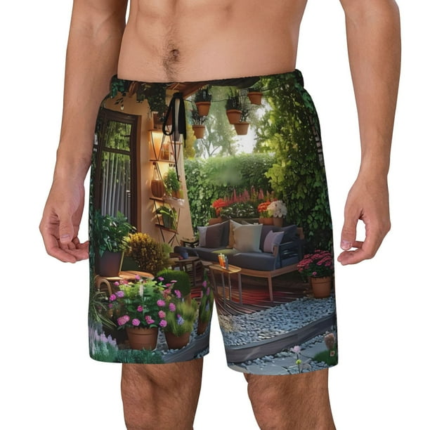 Balery Charming Garden Patio Bañador para hombre, shorts de playa de secado rápido con entrepierna y forro de compresión-Small