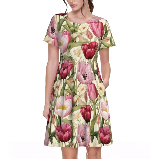 Balery Tulips Flowers Vestidos sueltos de manga corta para mujer, vestidos de verano 2025, vestidos casuales de corte A con vuelo.