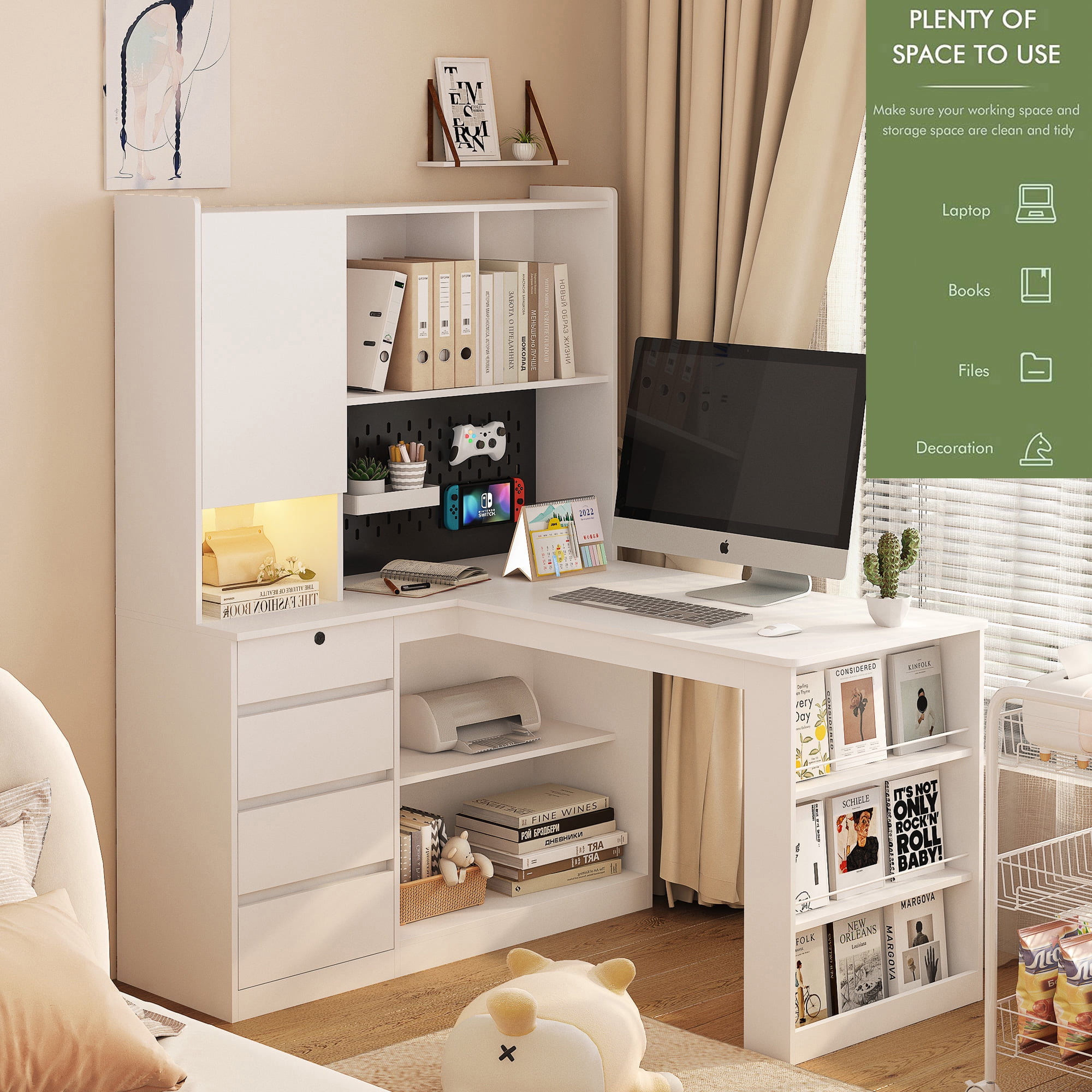 Aukfa L Shaped Computer Desk with Hutch & Power Outlets,LED Light Corner Writing Desk Home Office Desk,White