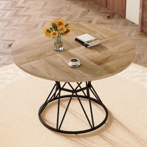 Gearwell Round Dining Table, 47.3-Inch Light Wood Grain MDF Spliced Top with Black Hourglass Metal Base, Modern Industrial Kitchen Table for 4-6 People
