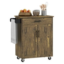 KWUXIN Rolling Kitchen Island Cart, Rustic Brown, with Drawer, Storage Cabinet, and Towel Rack