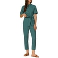 thumbnail image 2 of INSPIRE CHIC Women's Jumpsuit Short Sleeve Collared Button Down Tie Waist Cotton Cargo Jumpsuit L Blue Green, 2 of 5