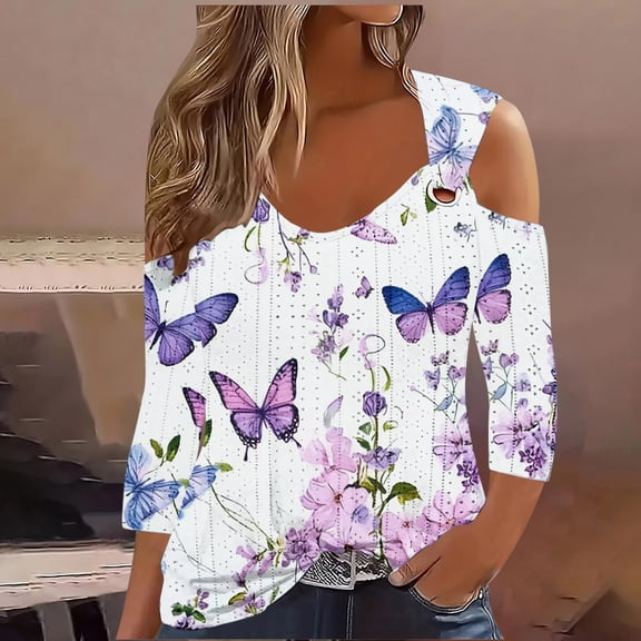 Womens Summer Tops Cold Shoulder 3/4 Sleeve Blouses Printed Cre W Neck Casual Tshirts Basic Summer Tees