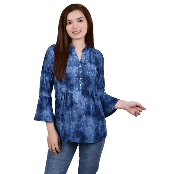 3/4 Bell Sleeve Pleat Front Y Neck