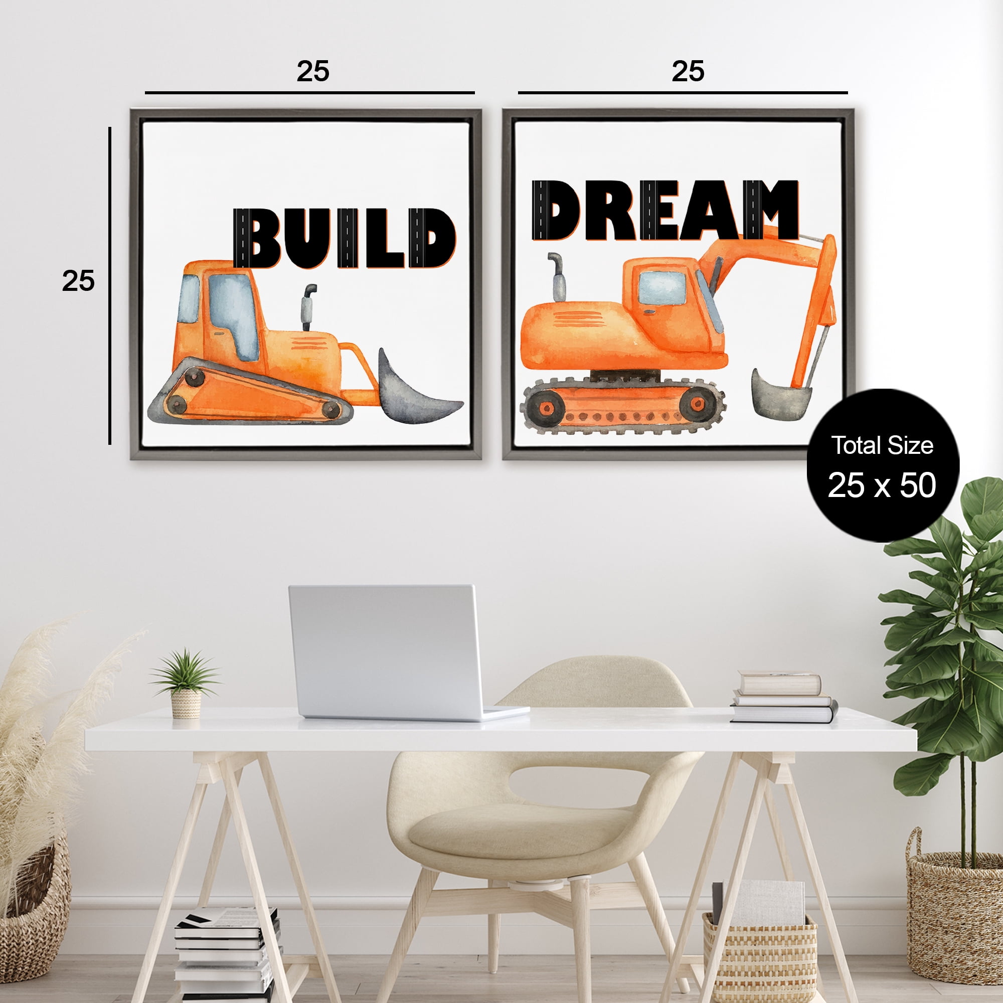 Build & Dream Construction Vehicles 2 Piece Gray Framed Floater Canvas Set, design by Kim Allen