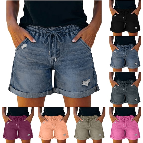 Bloomae Women's Casual Stretchy Ripped Denim Shorts Drawstring Elastic High Rise Distressed Rolled Hem Jeans Shorts with Pockets Purple S