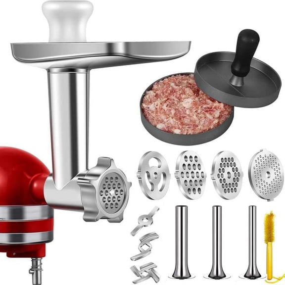 Polished Stainless Steel Meat Grinder Accessories Set for Kitchen Mixers: 3 Seamless Sausage Pads, 4 Grinding Discs & Cleaning Brush, Dishwasher Safe