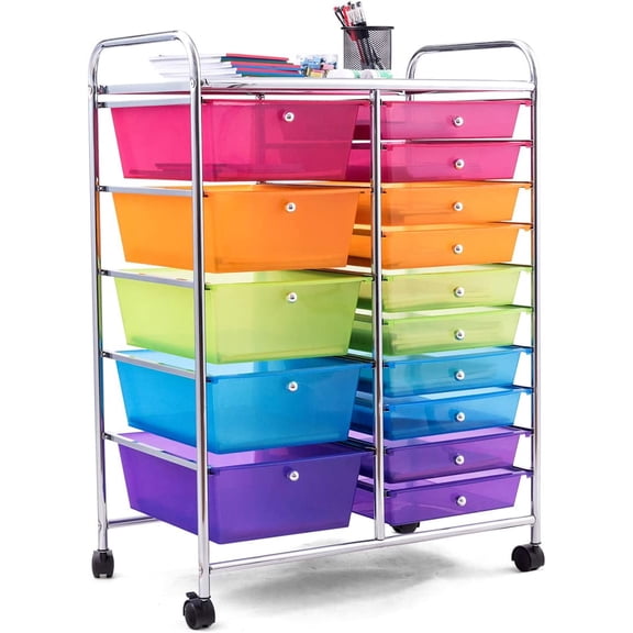 KOTEK 15-Drawer Rolling Storage Cart, Multipurpose Mobile Utility Cart with 4 Wheels, Home Office School Tools Scrapbook Paper Organizer (Multicolor)