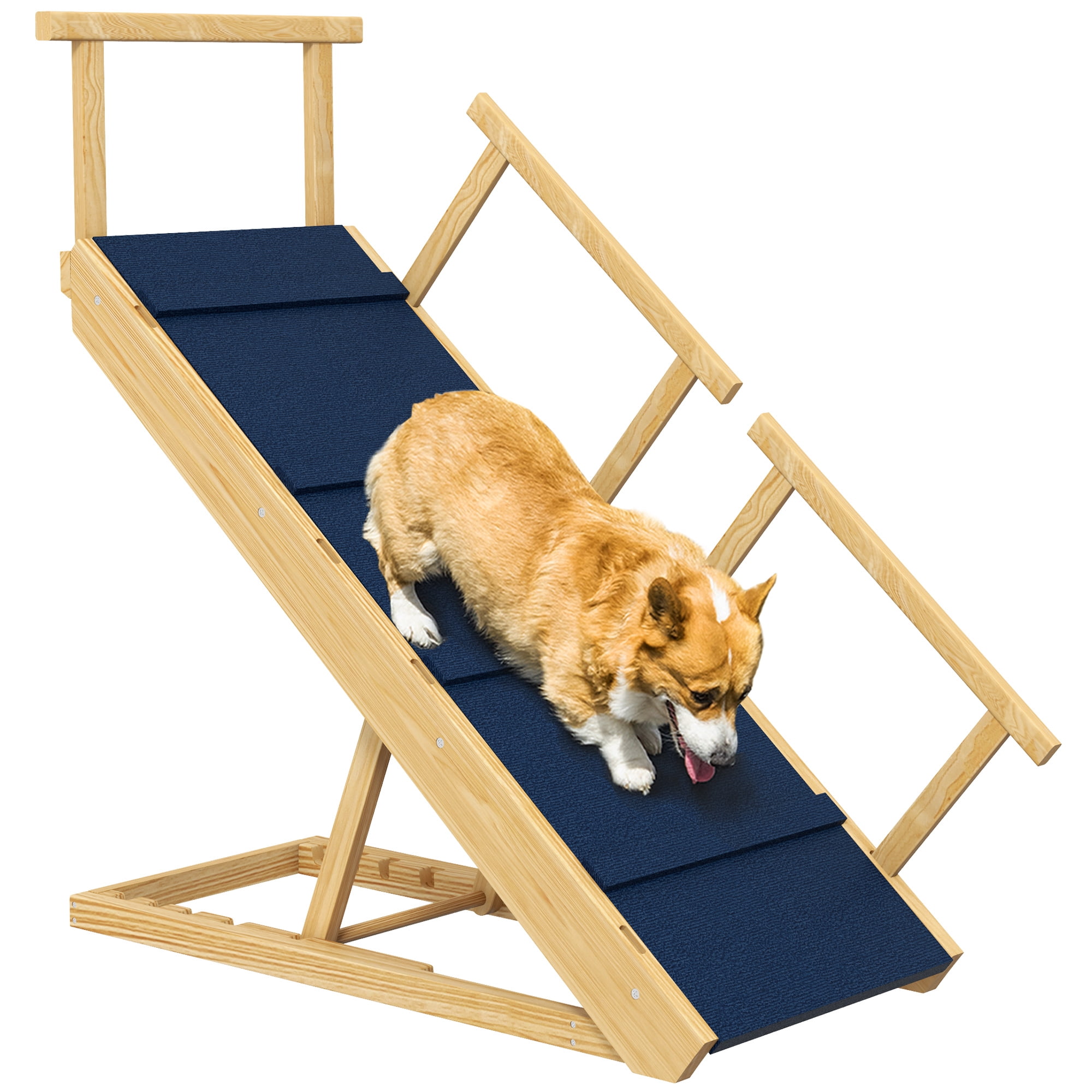 PawHut Adjustable Dog Ramp w/ 4 Height Settings, Foldable Wooden Pet Stairs w/ Non-Slip Surface for Small to Large Dogs to Access Beds or Sofas, Natural Wood Finish