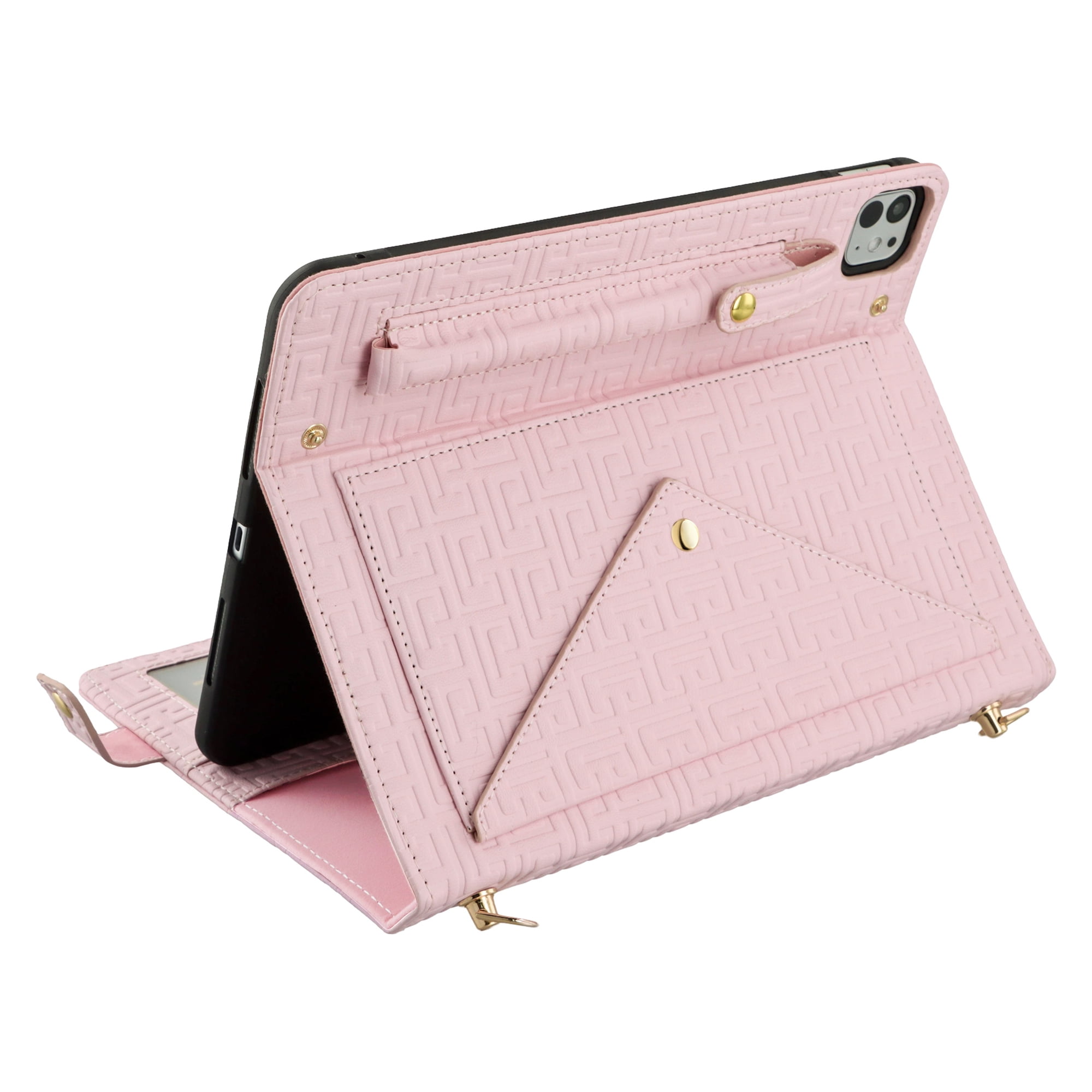 Dteck Case for iPad Pro 13" (M4) 2024, Slim 3D Embossed PU Leather Business Protective Case with Pencil Holder Envelope Pocket Hand Strap Holder Crossbody iPad Case for iPad Pro 13-inch 2024,Pink