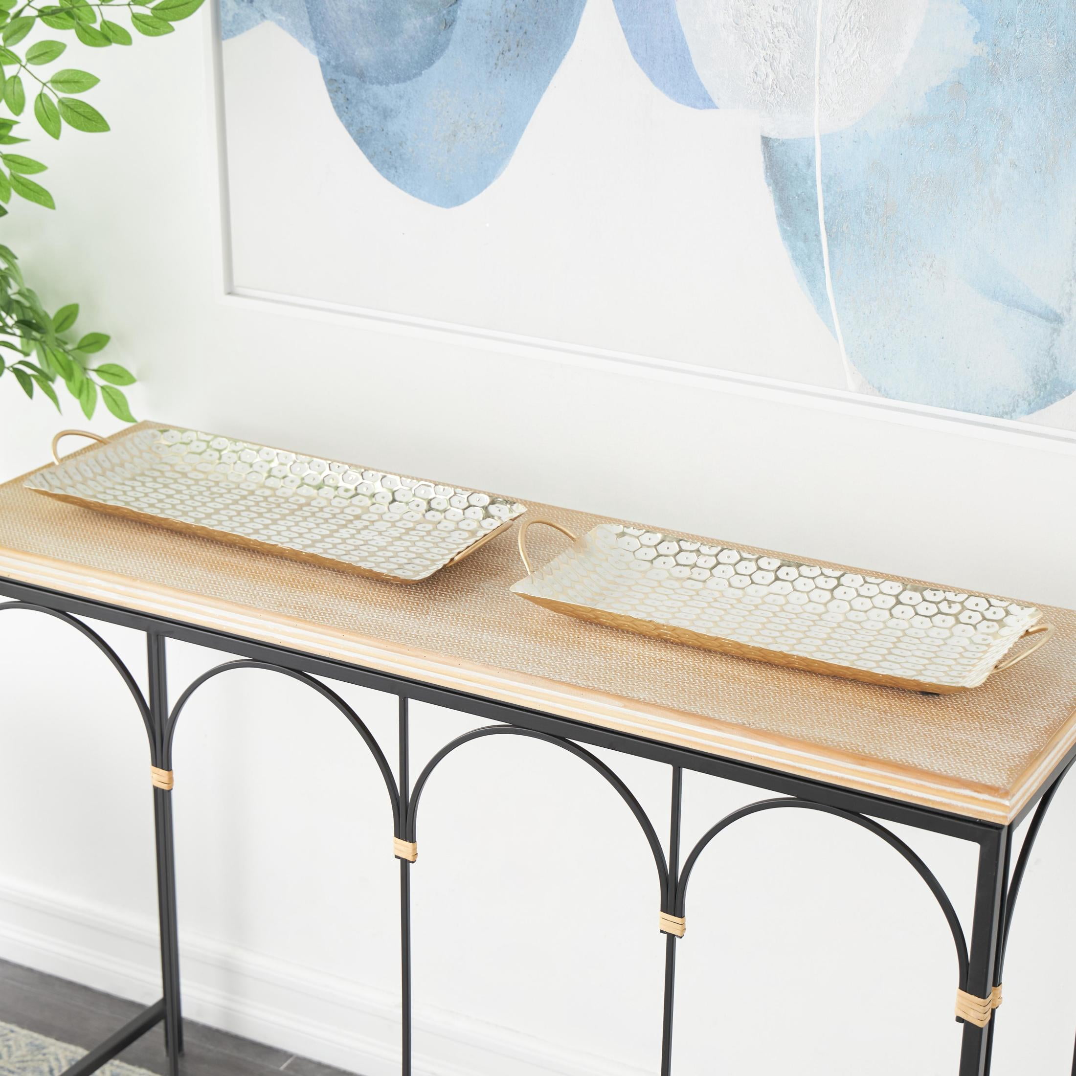 DecMode 19", 19"W Gold Metal Geometric Dot Geometric Tray with White Accents, 2-Pieces