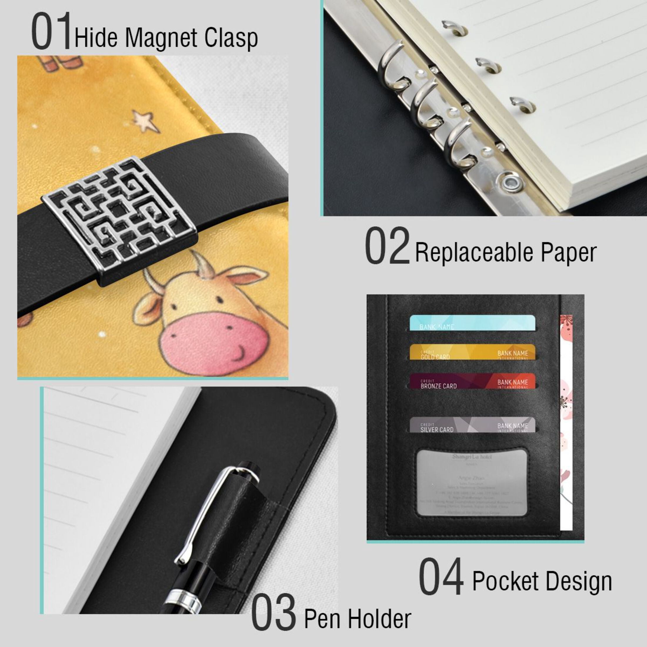 Leather Planner Leather Notebook Notebook Journal Binder Design Pen Pocket Design Convenient for Storage Yellow Cattle Seamless