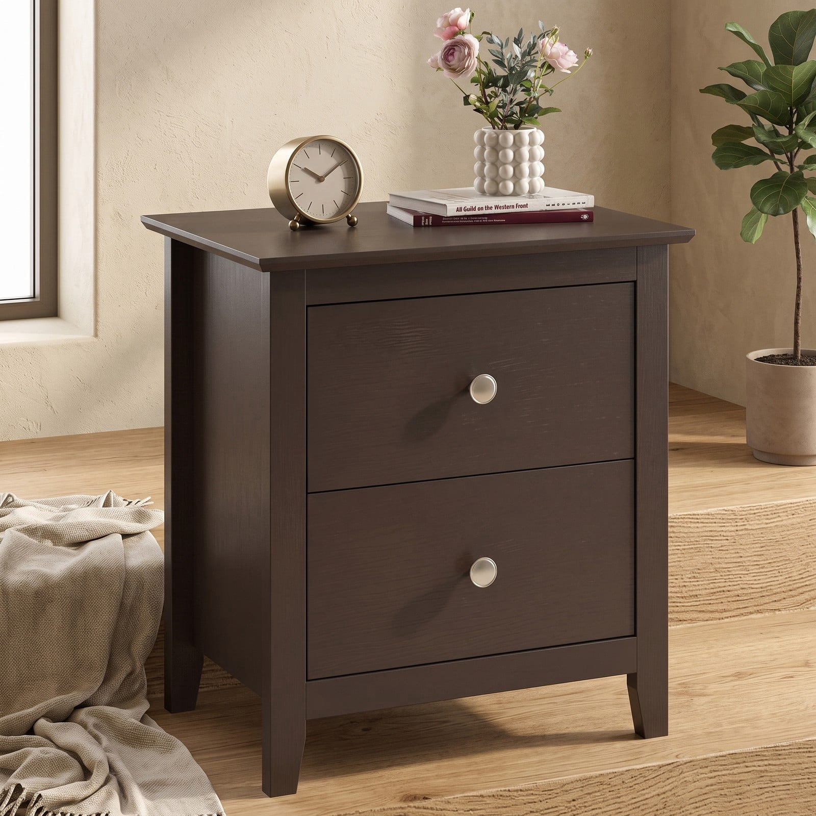 Furnibear Modern 2-Drawer Nightstand for Small Spaces with Sleek Metal Handles and Smooth Slides for Bedroom and Living Room, Espresso
