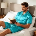 thumbnail image 6 of Resicozy Men Satin Silk Pajamas Sets Short Sleeve Sleepwear Button-Down PJs Sets Two-Pieces Loungewear with Pockets Cyan M, 6 of 6