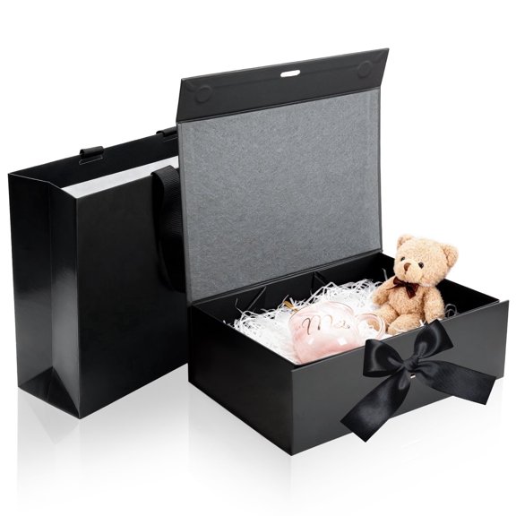 AGCAN Large Black Gift Box with Lid, 11.4×8.7×4.1 inches Magnetic Closure Gift Box with Ribbon and Gift Bag for Valentine's Day Wedding Proposal Birthday New Year Presents