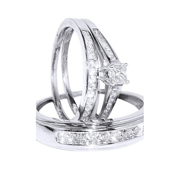 AFFY White Natural Diamond Engagement & Wedding Trio Bridal Ring Set In 10k White Gold (0.75 Cttw)