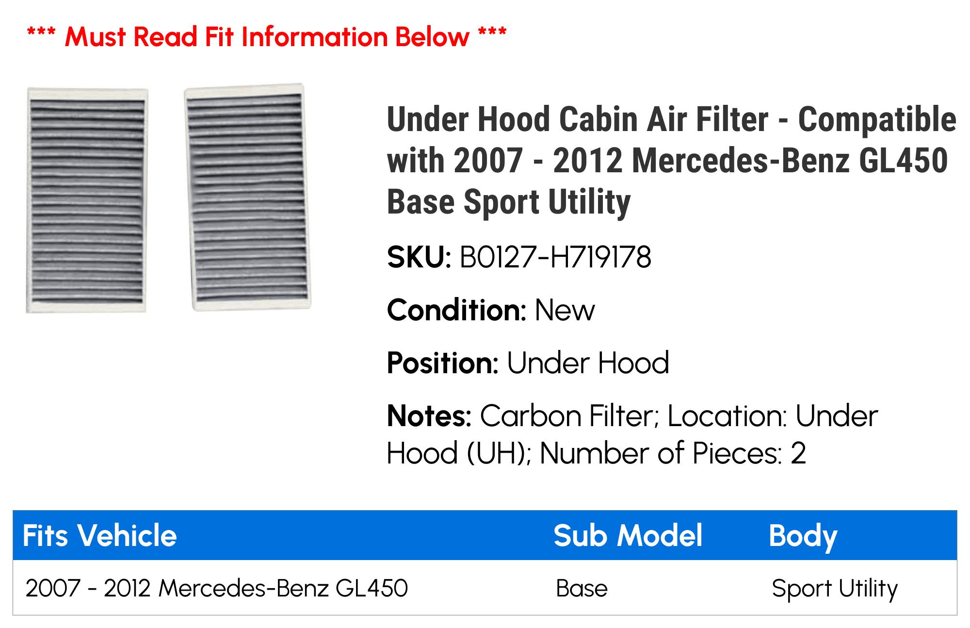 Under Hood Cabin Air Filter - Compatible with 2007 - 2012 Mercedes-Benz GL450 Base Sport Utility 2008 2009 2010 2011