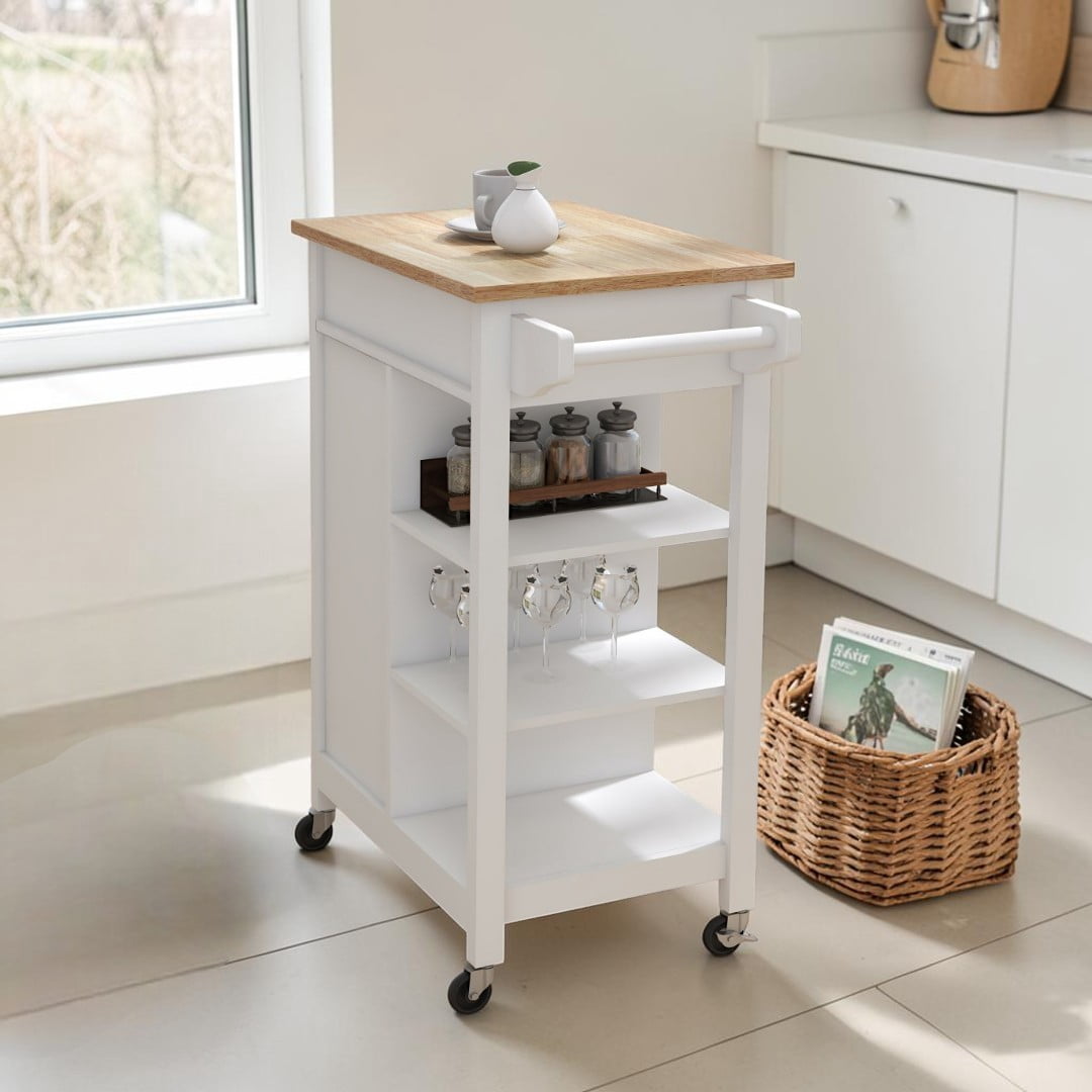 Gzxs Kitchen Island, Small Rolling Kitchen Cart with Open Storage Shelves, Dining Serving Utility Trolley on Wheels with Drawer & Cabinet, Towel Rack, Rubberwood Top, White+Natural