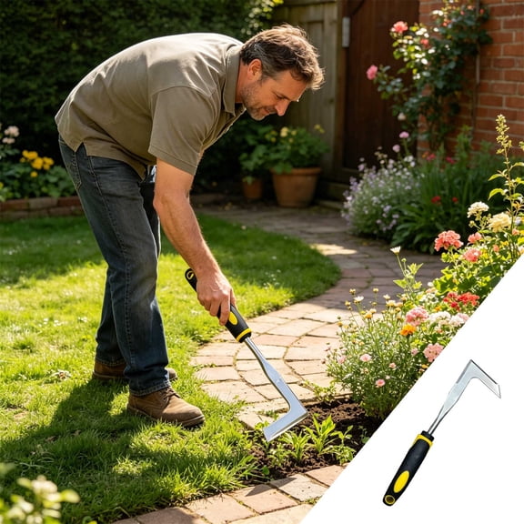 Crack Weeder Tool with Stainless Steel L-Shaped Blade, Heavy Duty Crevice Weeding Tool for Sidewalk and Patio, Rustproof Garden Hand Weeder with Wood Handle
