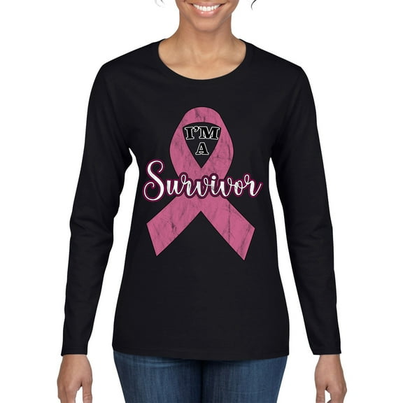 Wild Bobby Pink I'm A Breast Cancer Survivor Breast Cancer Awareness Women Graphic Long Sleeve Tee, Black, Small